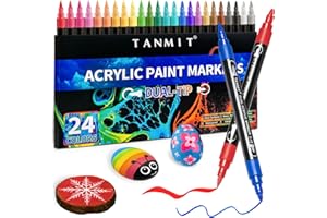 TANMIT 24 Colors Acrylic Paint Pens, Dual Tip Acrylic Paint Markers with Brush Tip and Fine Tip, Acrylic Pens for Rock Painting, Wood, Canvas, Stone, Glass, Ceramic,DIY Crafts Making Art Supplies