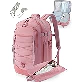 BAGSMART Carry On Backpack, 17.3 Inch Large Travel backpack Carry On Flight Approved, Personal Item Backpack Travel Bag With Shoe Bag, 27L Water Resistant Casual Daypack, Pink