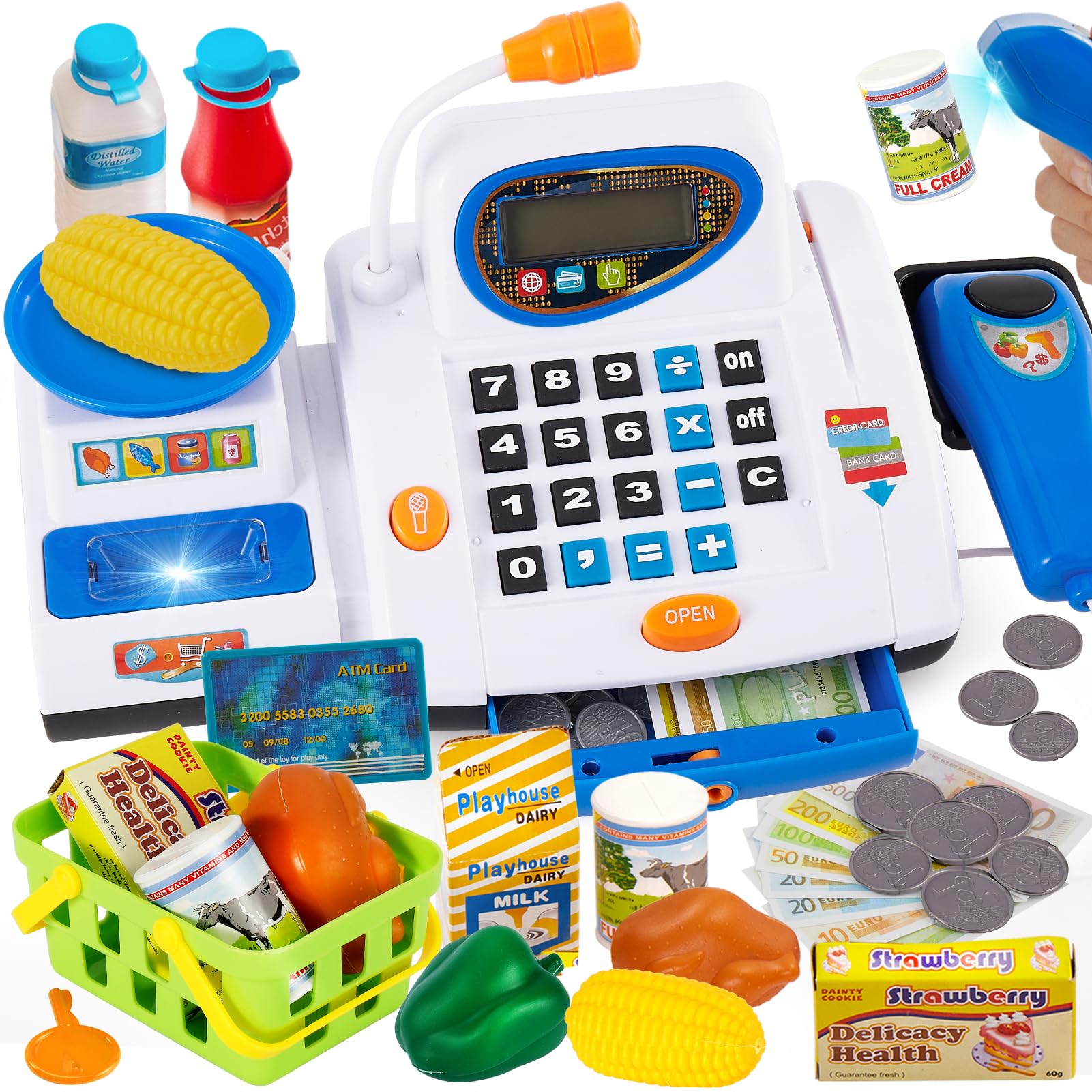HERSITY Childs Till Cash Register for Kids with Scanner Play Money, Check Out Till Shopping Cashier Toys, Supermarket Games for Children Toddler Boys Girls age 3 4 5