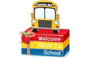 Anglechic 4 Pcs Back to School Table Decorations First Day of School Tiered Tray Decorations Decorative Mini Wooden Books Subject Signs for Office Shelf Classroom Tabletop Bookshelf(Bus)