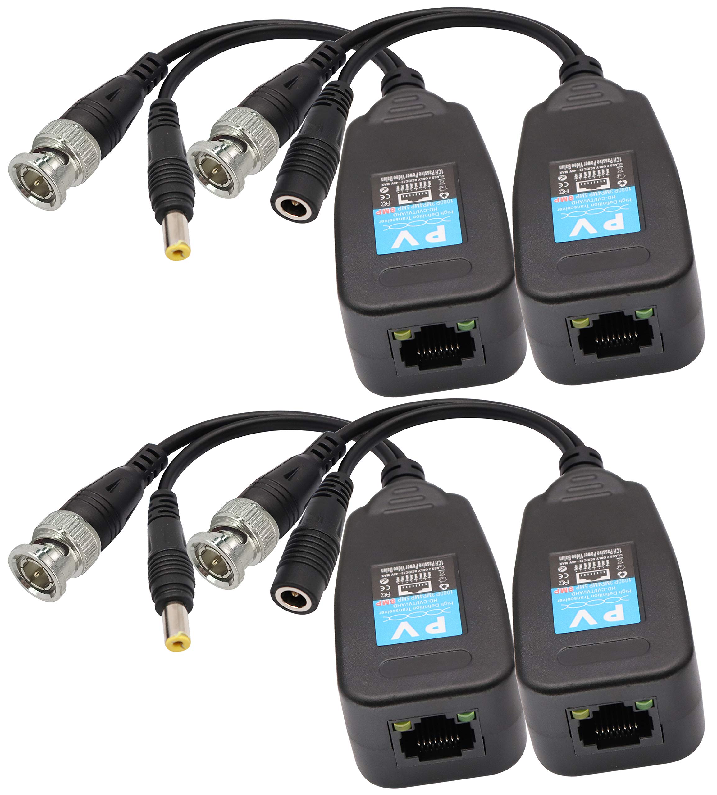 AAOTOKK Video Balun RJ45 to BNC Transceiver Transmitter HD-CVI/TVI/AHD/CVBS with Power Connector for 1080P 3MP 4MP 5MP 8MP CCTV Security DVR Surveillance Camera System (2Pairs)