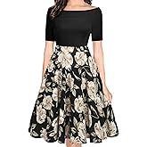 oxiuly Women's Vintage Off Shoulder Pockets Casual Floral A-Line Party Cocktail Swing Dress OX232