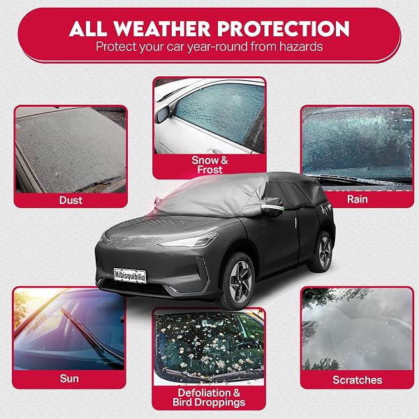 HIBISQUIBILIO UV RESISTANT WINTER WINDSHIELD COVER WITH REFLECTIVE STRAPS – BREATHABLE HAIL COVER – WINDPROOF & DUSTPROOF | 6-LAYERS WATERPROOF SEDAN CAR COVER FOR ALL WEATHERS FOR SEDAN & TRUCKS