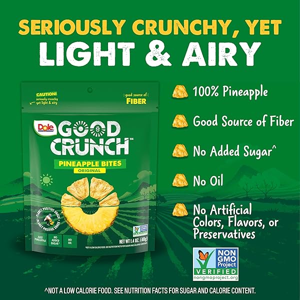 DOLE GOOD CRUNCH PINEAPPLE DRIED FRUIT BITES, GLUTEN FREE & VEGAN SNACK, 1.4OZ BAG