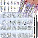 HNUIX Nail Rhinestones - 3D Multi Shape Size, AB Crystal Nail Gems and Charms, Flat Back, with Kit, for Nail Art, DIY Decorations