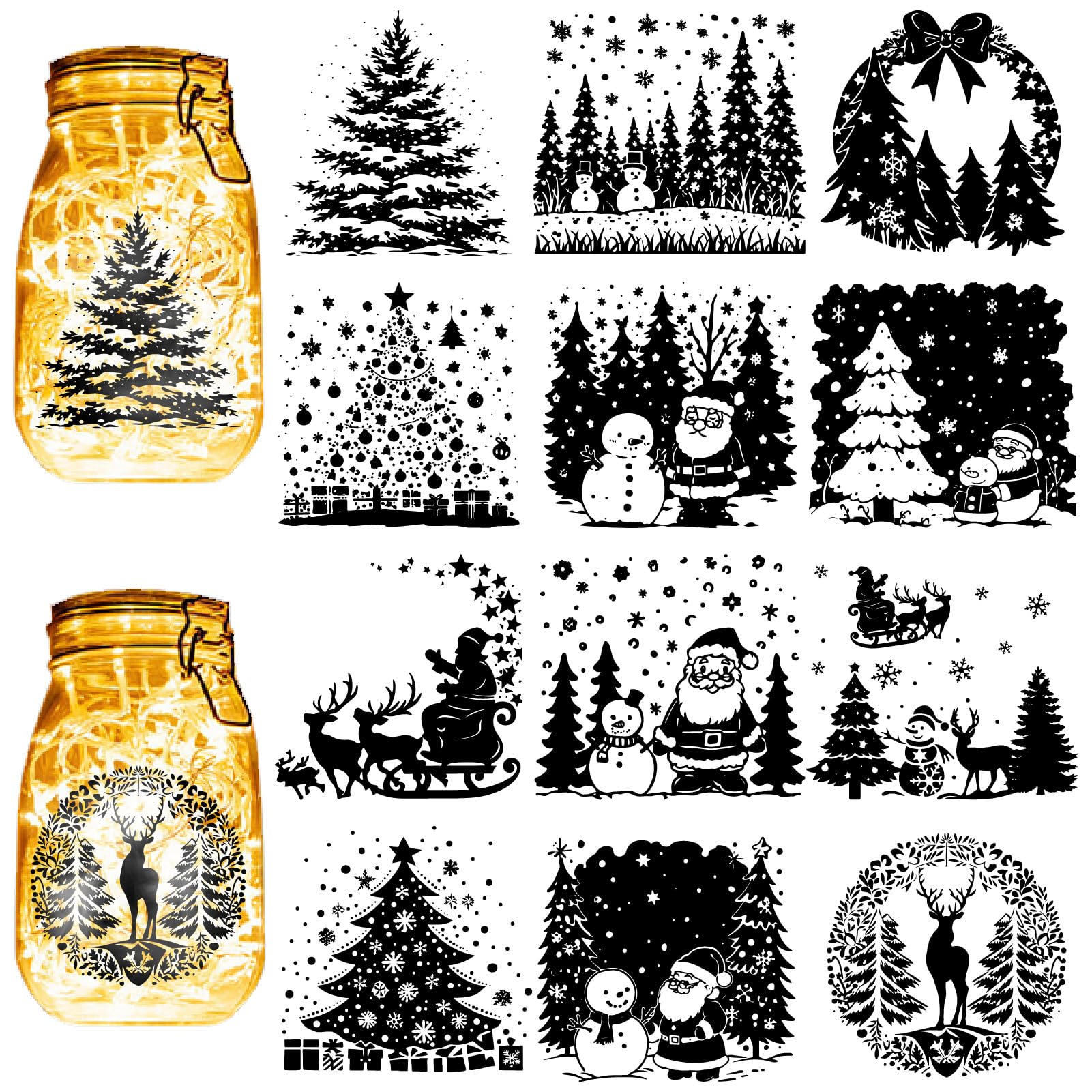CREATCABIN 12Pcs Christmas Silhouettes Mason Jar Decor Christmas Tree Laser Cut Cardboard Scrapbook Cutouts Die Cuts PVC Decoration for DIY Crafts Lantern Jars Wall Window Glass 3.9x3.5Inch-No Sticker