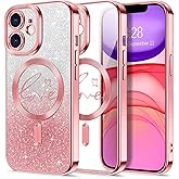 Hython for iPhone 11 Case Glitter, Compatible with MagSafe Love Heart Magnetic Clear Phone Cases for Women Girls, Full Camera Protection Sparkle Plating Shockproof Protective Cover, Pink