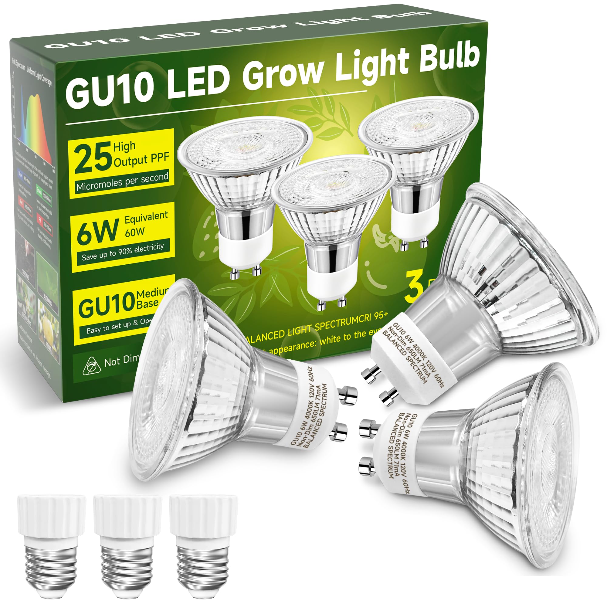 Photo 1 of UNILAMPRO GU10 Grow Light Bulb, Full Spectrum Plant Grow Lights, Natural White 4000K Plant Light for Indoor Plants for Small Plant Pots, 6W LED Grow Light, Grow Lamp for Low Light Plants, 3 Pack