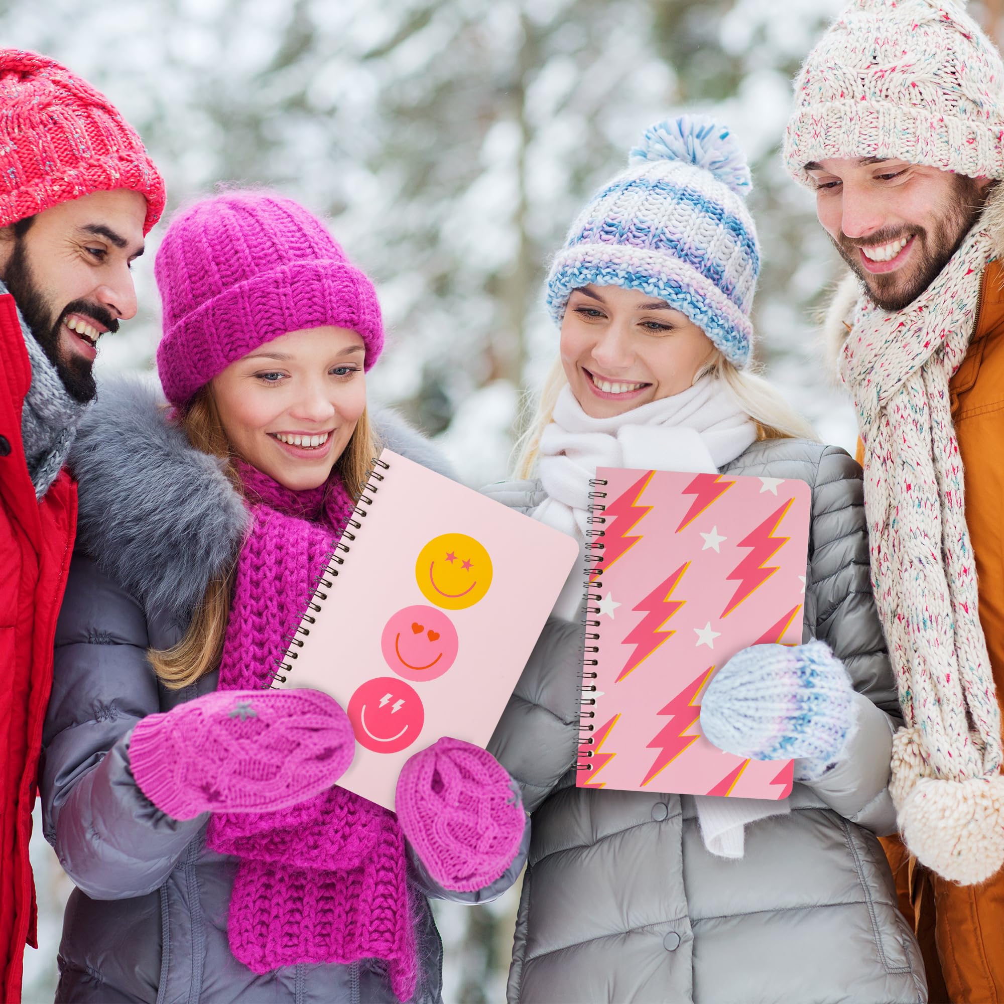 L1rabe 4 A5 Preppy Spiral Notebooks Christmas Gift Y2K Notepads Travel Journal for Kids Teens Cute Pink Smile Hardbound College Ruled Exercise Book for Girl School Office Supplies Winter New Year Gift