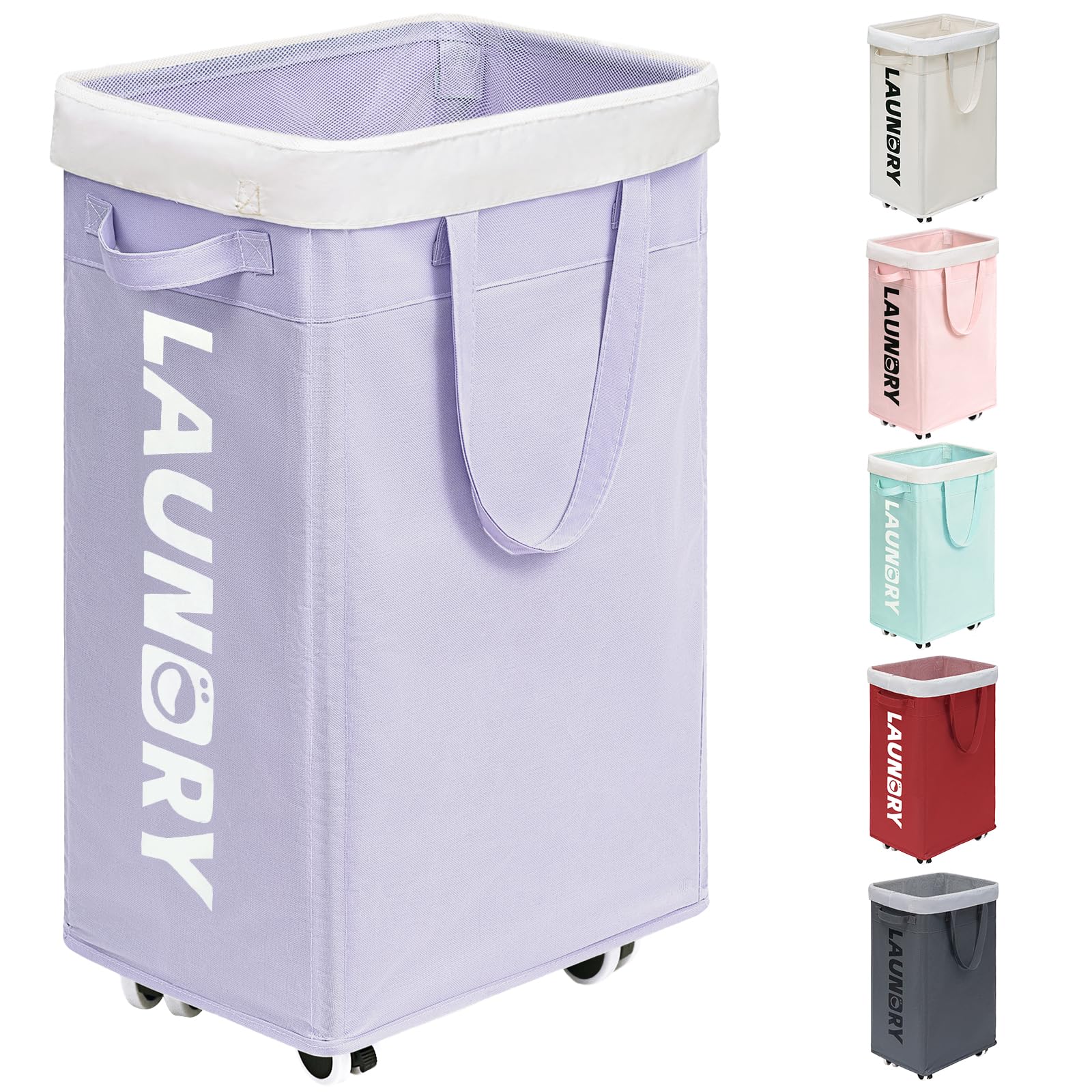 Goodpick Laundry Basket with Wheels,75L Collapsible Laundry Baskets with Removable Wash Bag, Clothes Laundry Hamper on Wheels, Light Purple Image Goodpick Laundry Basket with Wheels,75L Collapsible Laundry Baskets with Removable Wash Bag, Clothes Laundry Hamper on Wheels, Light Purple Image