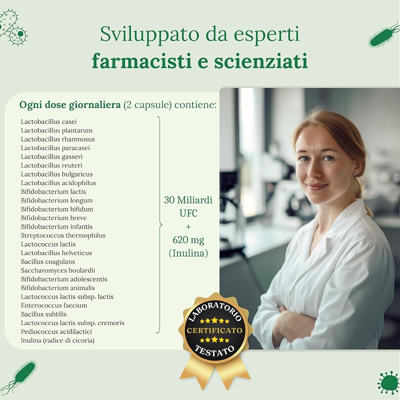 Probiotici Fermenti Lattici per Intestino - 180 Capsule, 25 Ceppi Batterici con Inulina, 60 Miliardi UFC - Resistenti ai Succhi Gastrici, Alta Dosaggio & Inclusi Lactobacillus e Bifidobatteri - Raibu