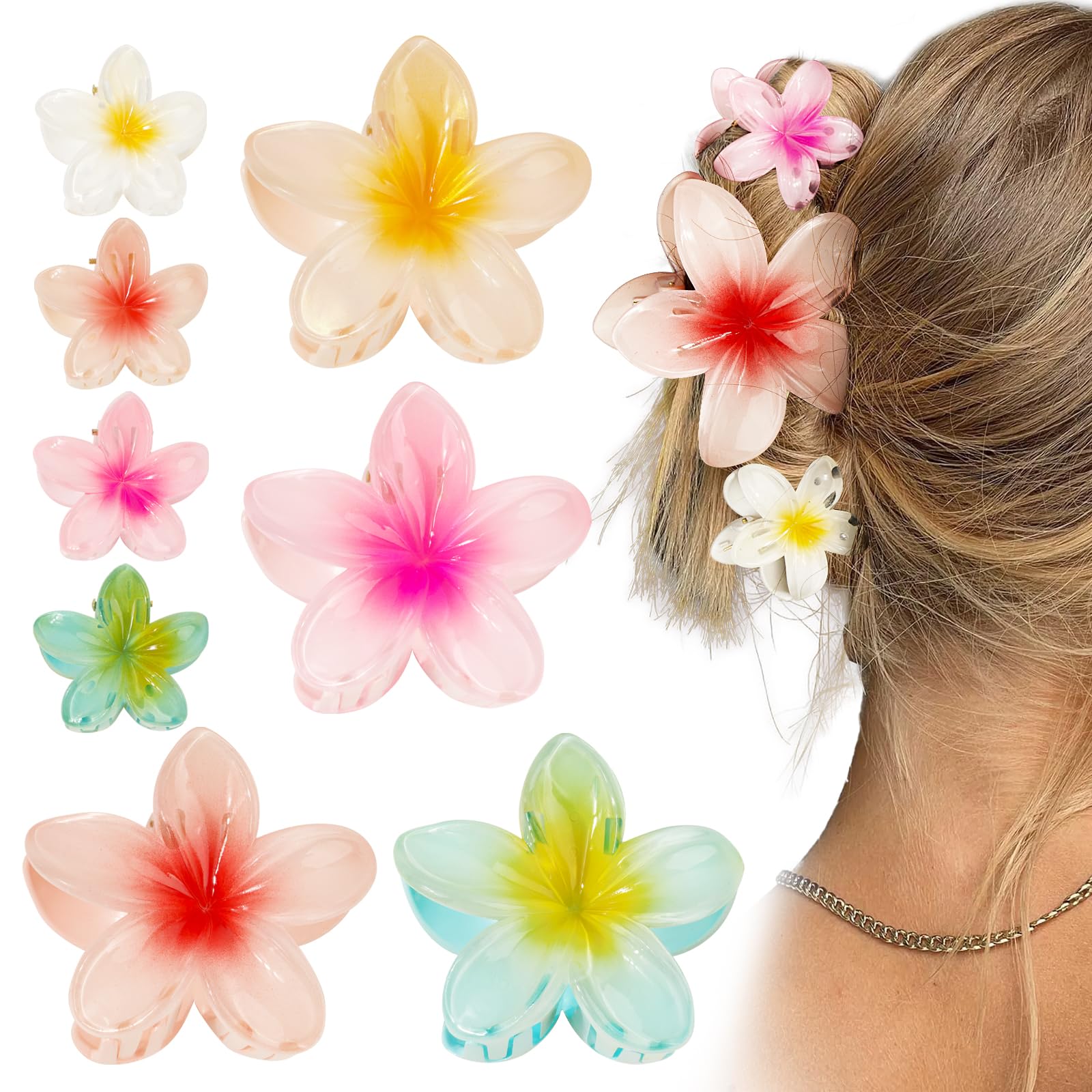 8Pcs 2 Sizes Hawaiian Plumeria Flower Hair Claw Clips 4cm 8cm Summer Gradient Flower Acrylic Hair Jaw Clips for Medium Thin Thick Hair Women Girls Hawaii Hair Accessories — image 1