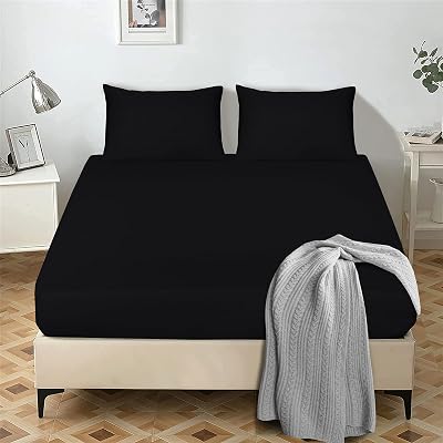 My home store Black Fitted Sheet Double Bed 25 cm Deep Microfiber Wrinkle