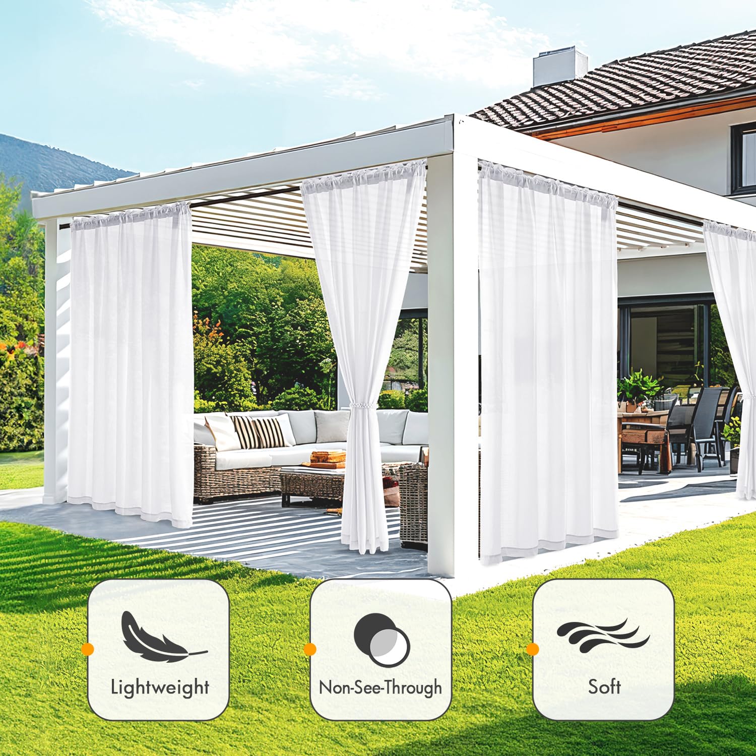 Condition photo showing New/Like New for miulee white privacy outdoor curtains waterproof non-see-through semi sheer 2 panels set elegant rod