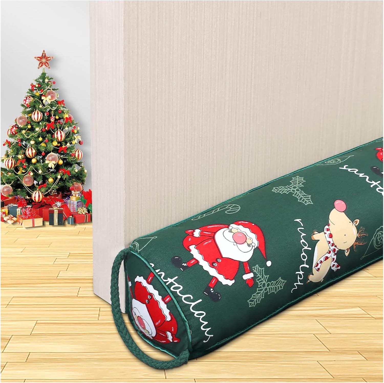 Draft Stoppers - Triangle Under Door Draft Stopper Noise Blocker 38 Inches for Door Bottom Air Seal Insulation and Soundproof, Heavy Duty Weather Guard Snake Stripping, Green Christmas