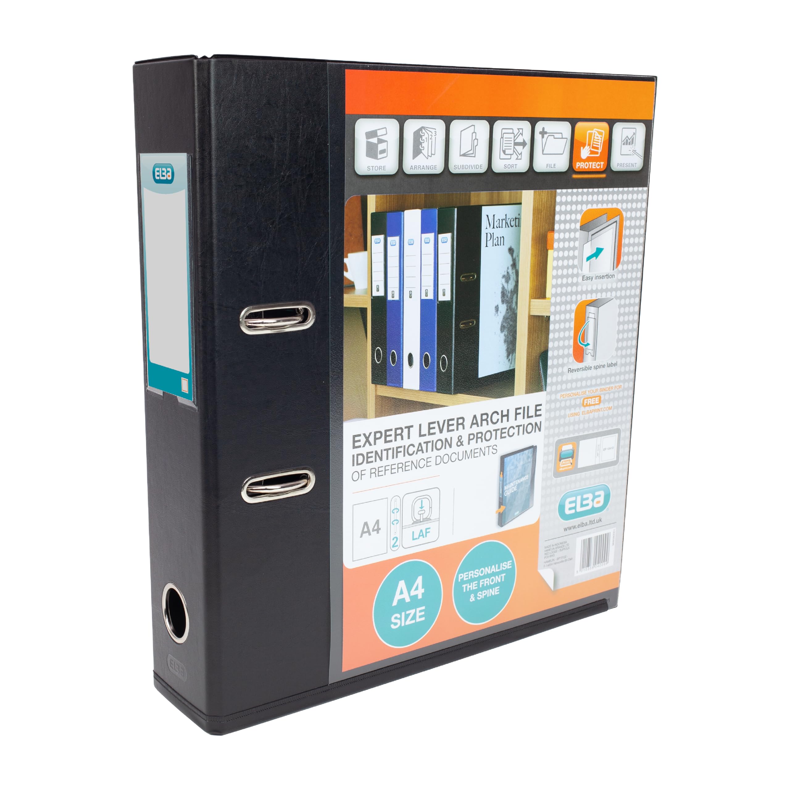 Elba A4 Lever Arch File, 70mm spine, Presentation Folder with Customisable Cover, Portrait, Black (Single)