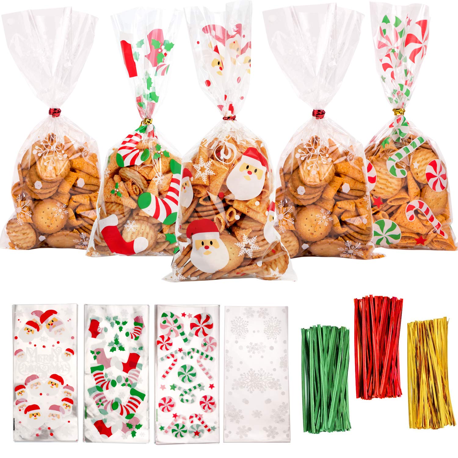 DERAYEE 120 Pieces Christmas Cellophane Bags Xmas Gift/Goodies Treat Bags with 180 Pieces Twist Ties