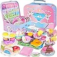 Tea Set for Little Girls,PRE-WORLD 50PCS Princess Tea Party Time Toy Including Dessert,Cookies,Doughnut,Teapot Tray Cake, Tablecloth & Carrying Case,Kids Kitchen Pretend Play for Girls Boys Age 3-6