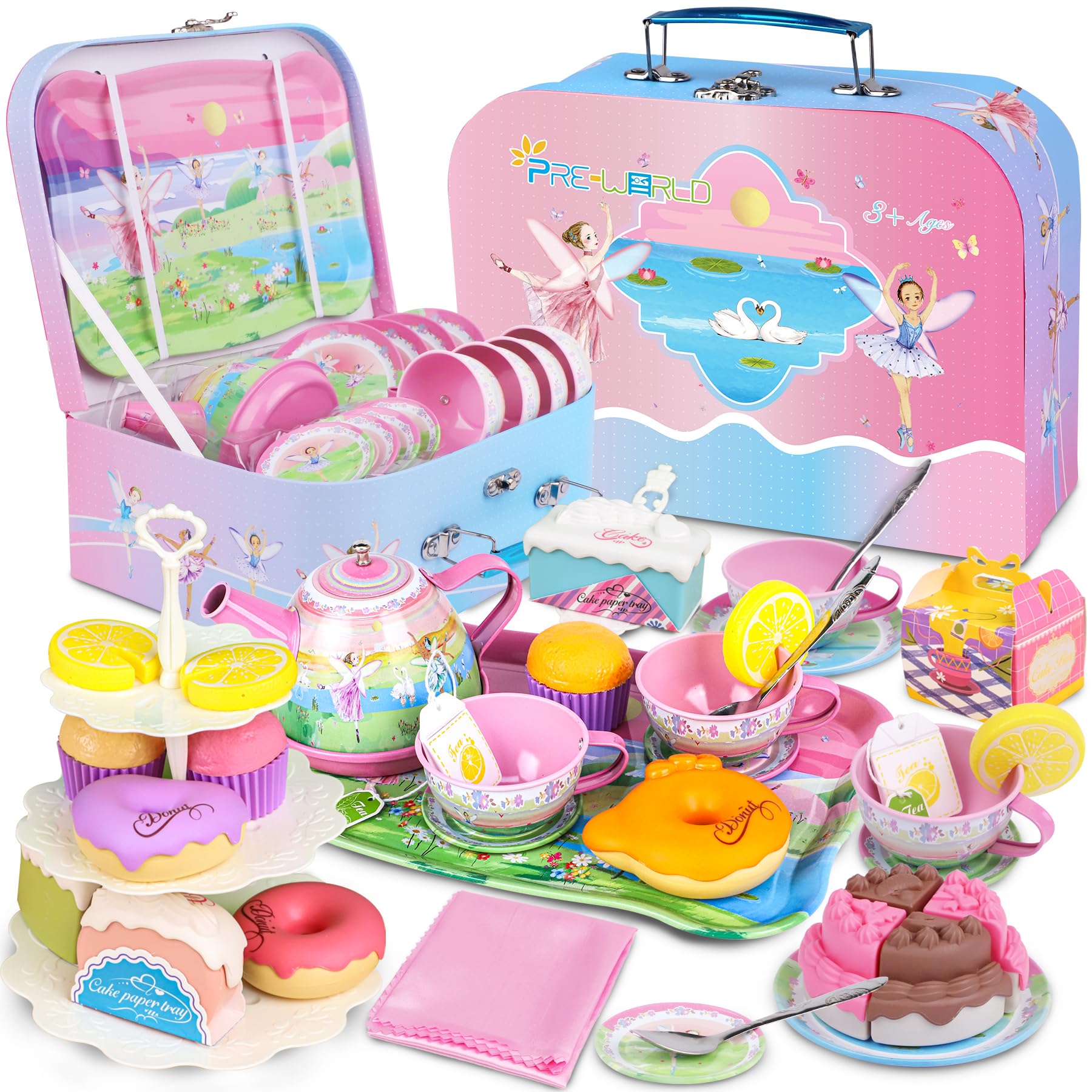 Photo 1 of Tea Set For tle Girls,PRE-WORLD 50PCS Princess Tea Party Time Toy Including Dessert,Cookies,Doughnut,Teapot Tray Cake, Tablecloth & Carrying Case,Kids Kitchen Pretend Play for Girls Boys Age 3-6