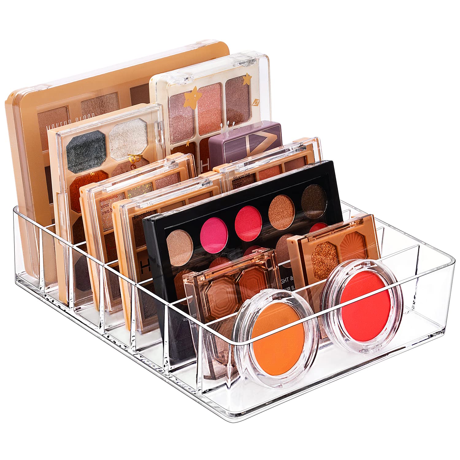 JessLab Palette Organizer, 7-Section Divided Plastic Makeup Organizer Eyeshadow Contour Blush Holder Cosmetics Storage for Bathroom Vanity Countertop (Transparent, X-Large)