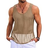 Runcati Mens Sleeveless Tank Tops Knitted Crochet See Through Hollow Out T-Shirts Muscle Summer Beach Hippie Shirts