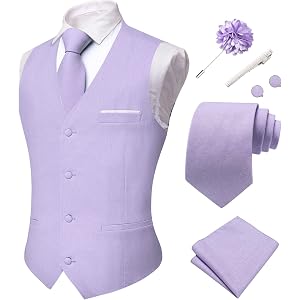 Hi-Tie Men's Linen Casual Suit Vest Tie Set Slim Fit Dress Waistcoat Clip Hanky Lapel Pin Cufflinks Business Wedding 7PCS