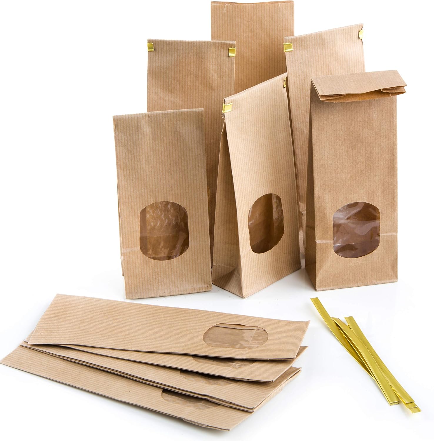 Logbuch-Verlag 10 small brown bags with window for filling 7 x 4 x 20.5 cm with clips viewing window food biscuit bag