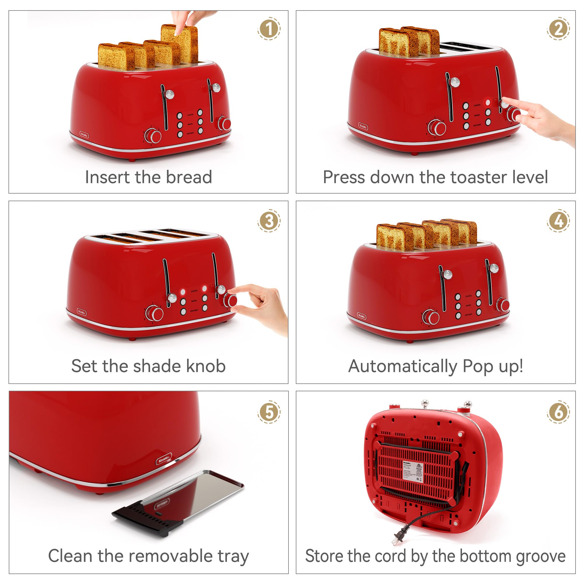 Tostadora de 4 rebanadas, acero inoxidable retro con 6 configuraciones de pantalla de pan, tostadora con ranuras de 1.5 pulgadas de ancho con cancelación/descongelación/recalentamiento, panel de control independiente dual (rojo)