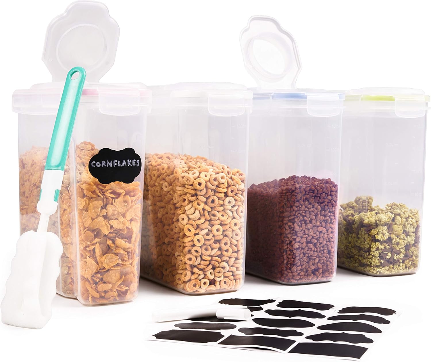 4 Große Müslidosen Vorratsdosen Set, 4L| mit Etiketten, Stift & Bürste für Reinigen| Robust & BPA-Frei| Frischhaltedosen Aufbewahrung| Getreide Müsli Cornflakes Mehl Reis Zucker usw.