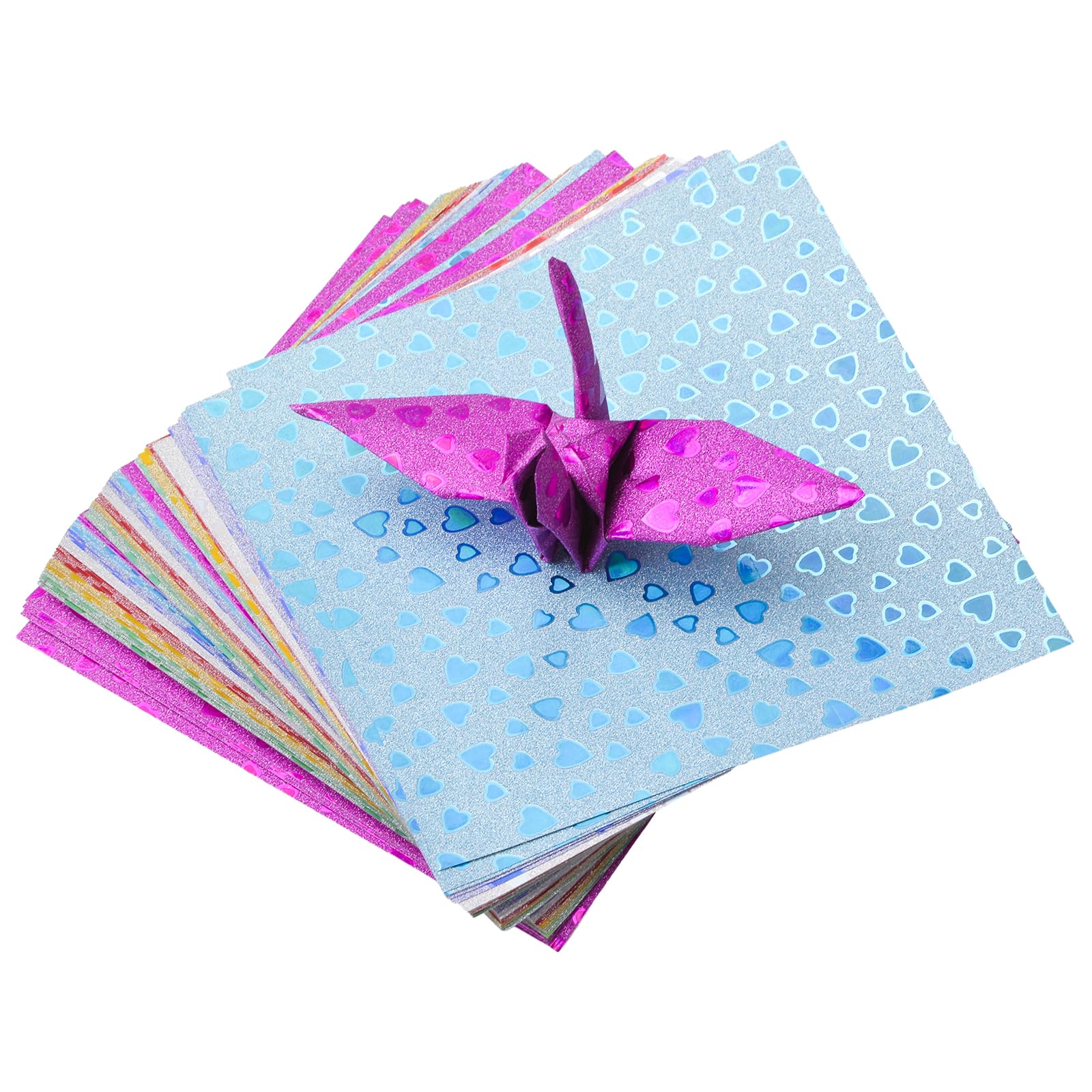 URROMA 7 Colors Heart Glitter Origami Paper, 84pcs Square Folding Paper Origami Colorful Hand Origami Paper for DIY Paper Cranes Craft Art Accessories, 15CM
