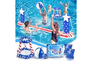 AOTIOOY Inflatable Pool Volleyball Net & Basketball Hoop, 120'' Large PVC Water Volleyball Court Toy Set with 2 Balls & 2 Weight Bags, Summer Floating Cool Swimming Family Party Gift for Kid 12+ Teen & Adult