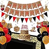Pre-Strung Cheetah Print Birthday Decorations - Cheetah Birthday Decorations,Red Black Cherry Leopard Banner,Balloon,Tablecloth,Hanging Swirls Streamers and Cake Toppers for Theme Party Girls Women