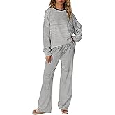 Yanekop Womens Striped Lounge Set Long Sleeve Matching Sets Oversized Pajama Sets Striped Shirt Wide Leg Pants