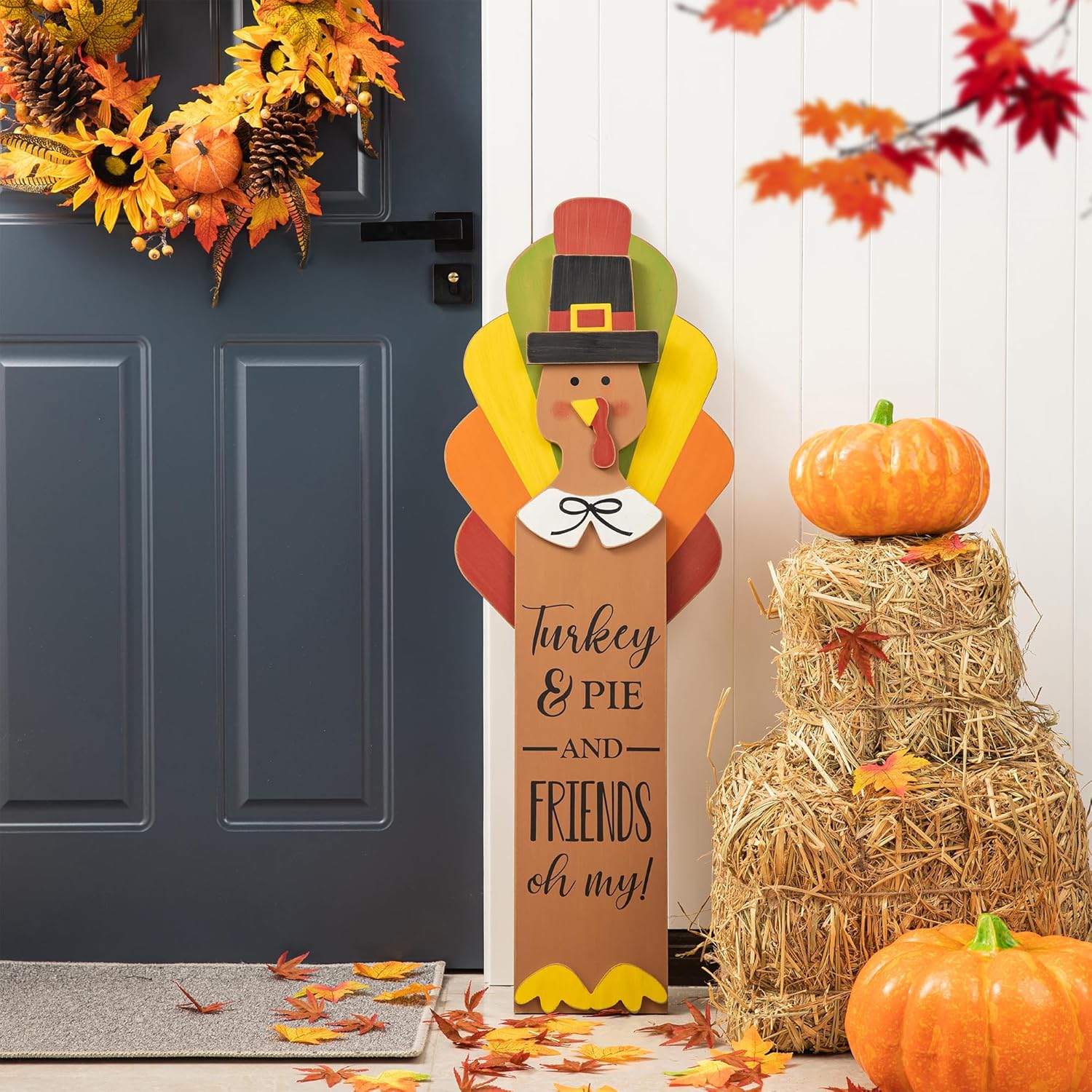 Yard Signs - Glitzhome Thanksgiving Porch Sign Turkey Porch Sign Decor Wooden Hanging Turkey Decor for Thanksgiving Fall Harvest Rustic Turkey Standing Decor, 40”H