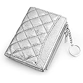 befen Genuine Leather Slim RFID Bifold Wallet Women with Zipper Pocket Keychain - Metallic Silver Purse