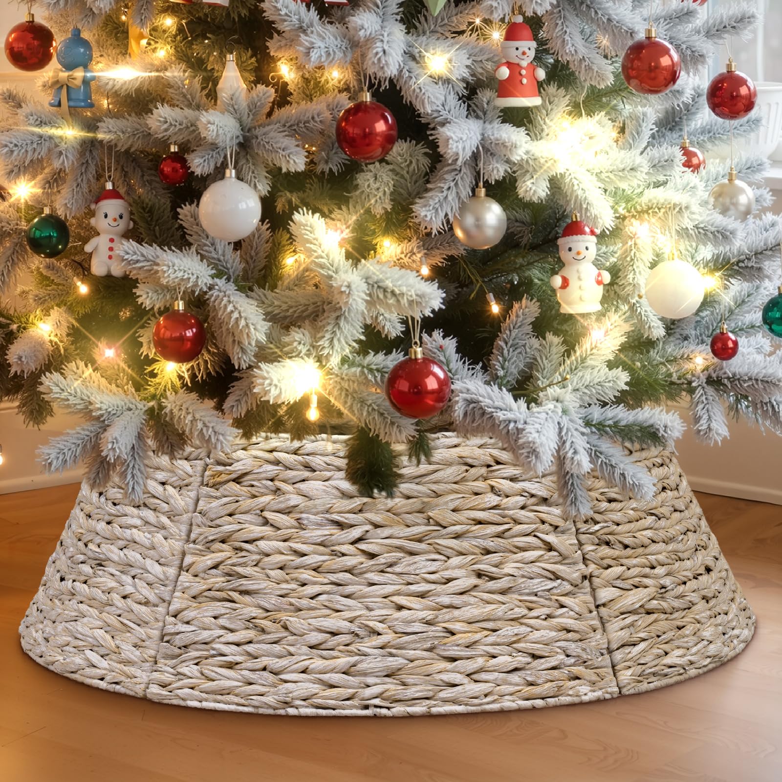 Photo 1 of Lanpn Natural Rattan Christmas Tree Collar 24 inch, Decorative Wicker Woven Tree Skirt Ring Stand Base Cover Rustic Farmhouse for Small mini Pencil Silm Artificial Trees Xmas Decor (White)