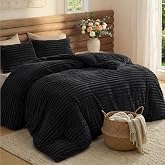 Bedsure King Fluffy Comforter Set, Cozy Fleece Black Bedding | Ultrasoft Ribbed Flannel Comforter, Fall &amp; Winter Warm Bedding Set, Gift for Women, Room Decor Aesthetic, OEKO