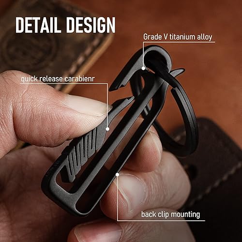 FEGVE Titanium Key Belt Clip with Key Ring, Belt Key Holder Key Chain Clip  Black Keychain for men (Black)