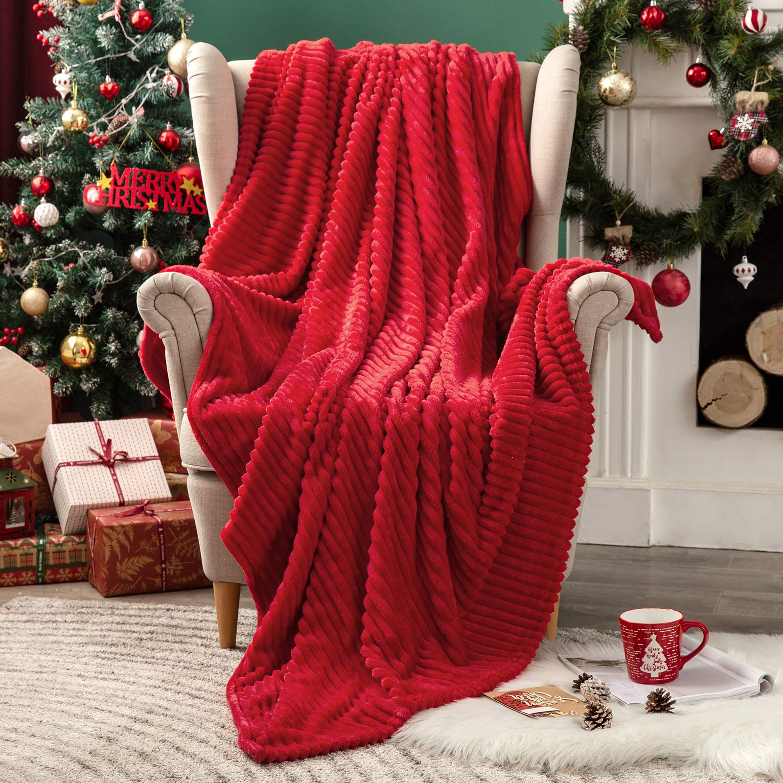 Photo 1 of MIULEE Christmas Red Fleece Throw Blanket for Couch 300GSM Super Soft Lightweight Plush Striped Blanket, Warm Cozy Breathable Ribbed Flannel Throws for Bed/Sofa, 50"x60"