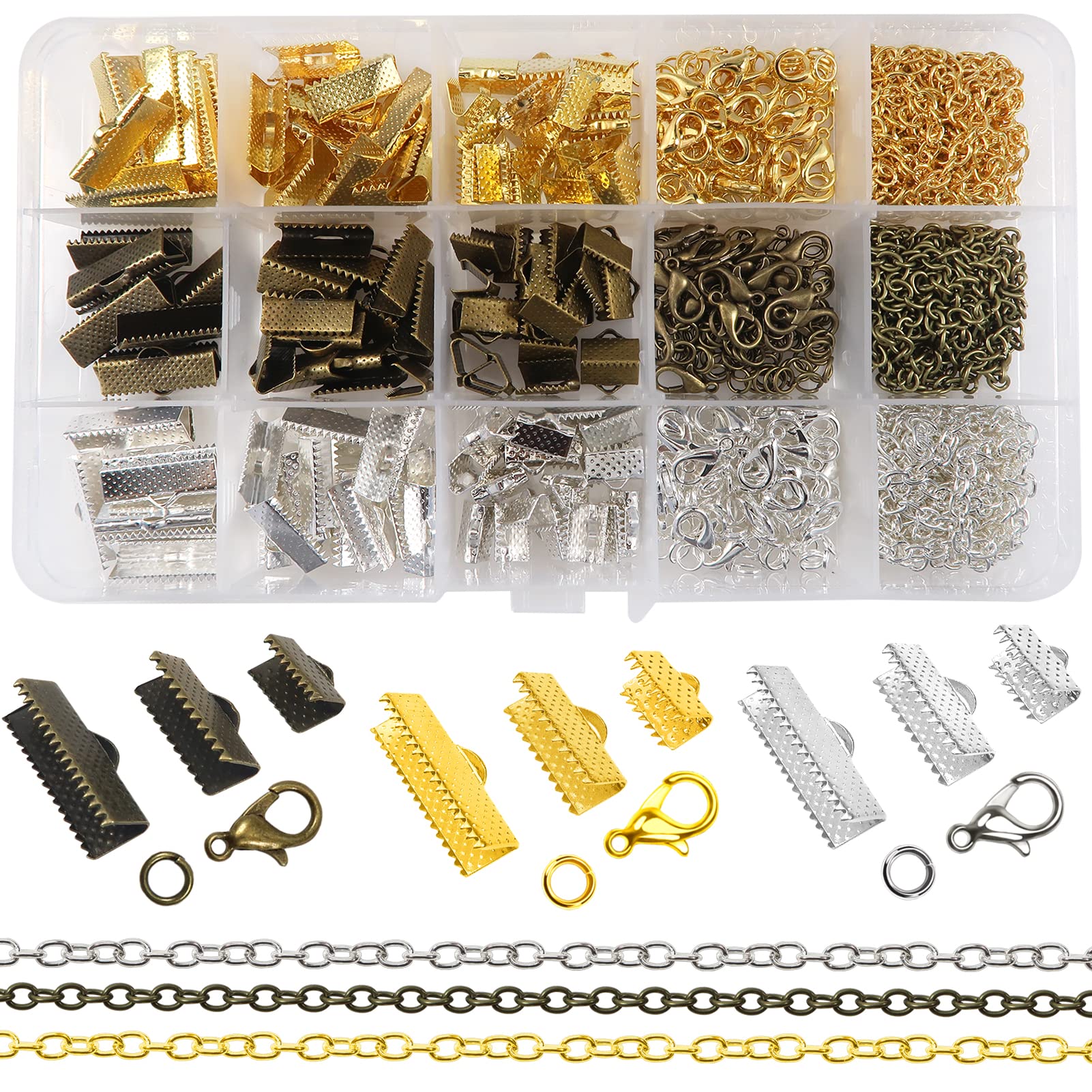 TOAOB Jewelry DIY Craft Set, 498 Piece Metal Findings Kit with Gold, Silver, Bronze Crimping Ends, Lobster Clasps, Open Jump Rings, Chain Extensions for Necklace, Bracelet Making