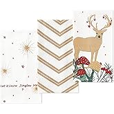 Folkulture Christmas Kitchen Towels with Hanging Loop, Set of 3 | 100% Cotton 20×26 Dish Towels for Christmas Décor | Modern Farmhouse Holiday Tea Towels | Rudolph Beige