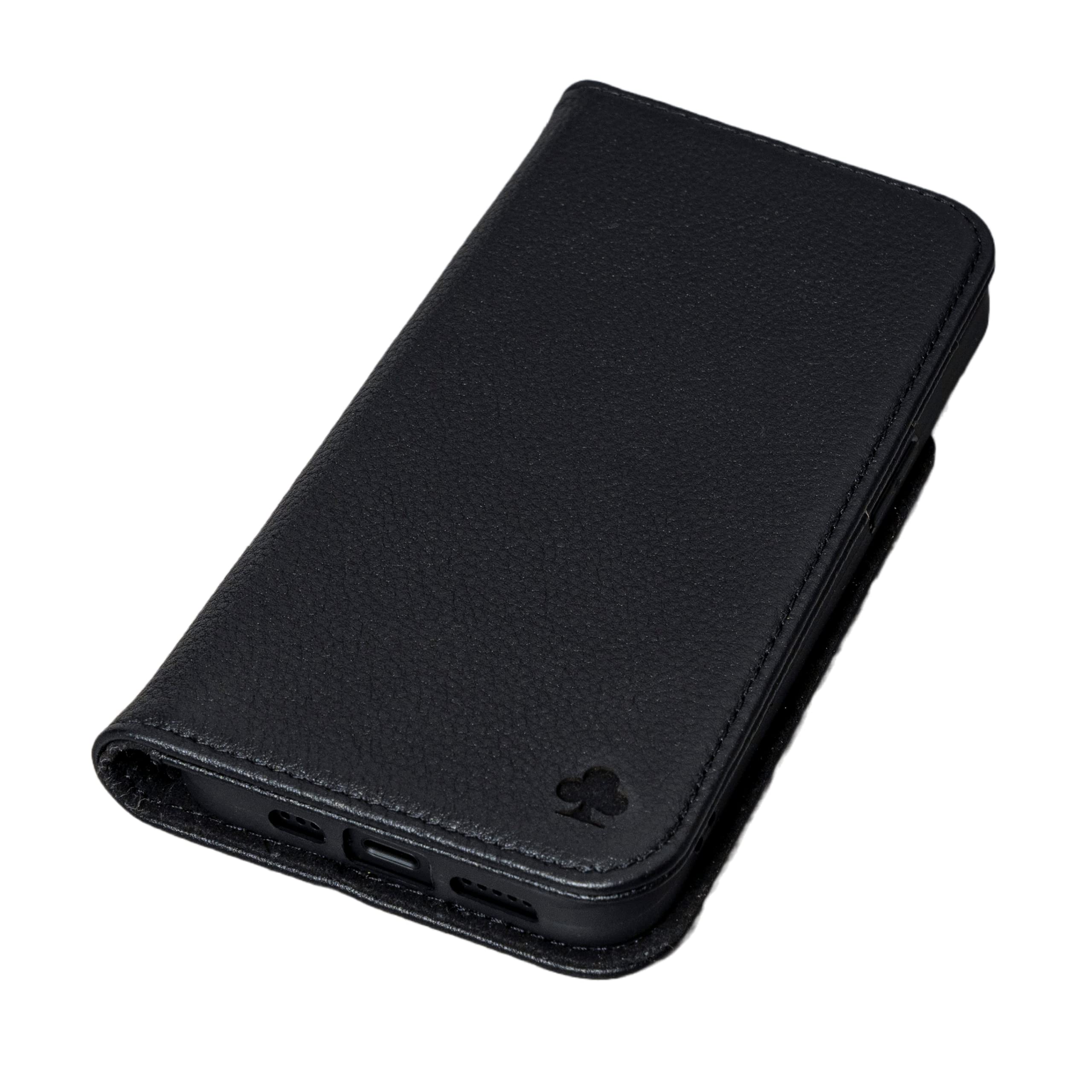 PORTER RILEY - Leather Case for iPhone 12 Pro Max (6.7"). Premium Genuine Leather Stand/Cover/Wallet/Flip Case with Card Slots, Horizontal Stand (Pure Black)