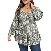 Purple Pocket Womens Plus Size Tops Long Sleeve Twist Knot V Neck Shirts Casual Loose Tunic Blouse Fall and Winter