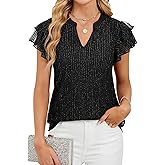 YZEGGO Women's Summer Puff Short Sleeve V Neck Dressy Blouses Shirts Double Layers Casual Loose Fit Mesh Flowy Tunic Tops