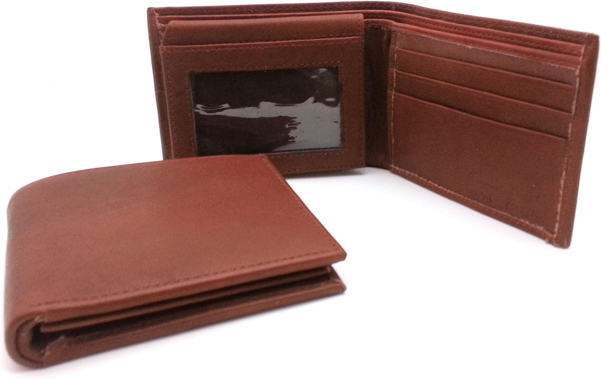 Bifold Genuine Leather Reddish Brown Plain Compact Wallet with Card Window