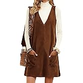Hooever Women Corduroy Overall Dress V Neck A Line Skirtall Jumper Mini Dress Pinafore with Pockets