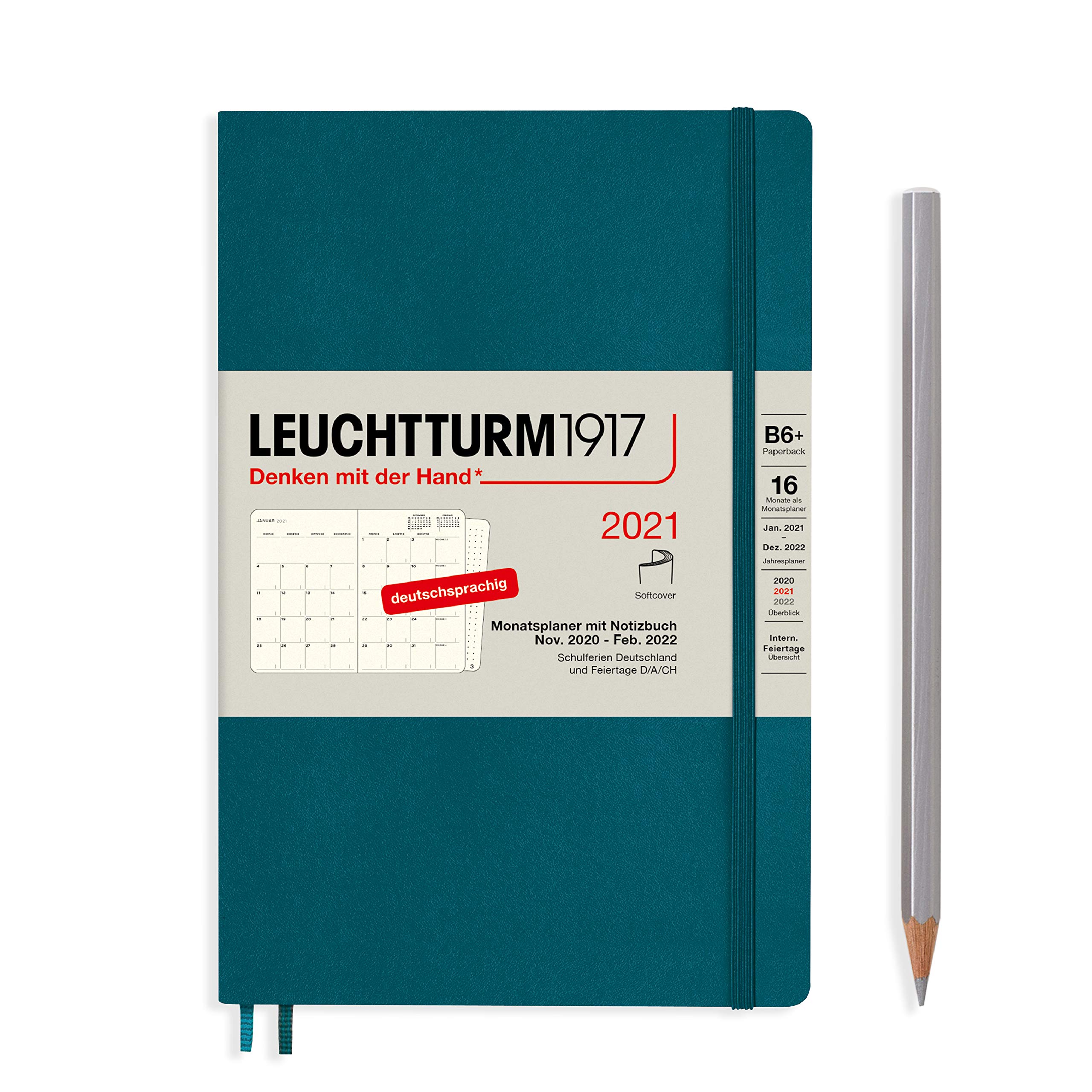 LEUCHTTURM1917 362122 Monthly Planner Paperback (B6+) Soft Cover, 16 Months, Pacific Green, German