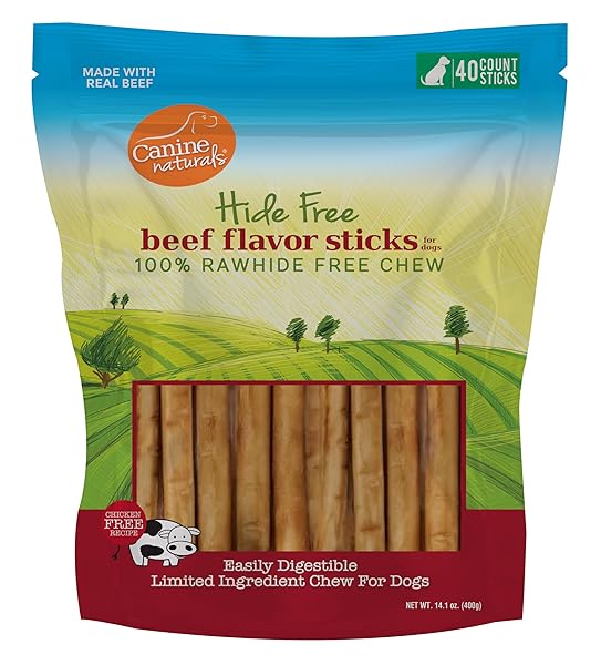 CANINE NATURALS BEEF CHEW – RAWHIDE FREE DOG TREATS – MADE WITH REAL BEEF – POULTRY FREE RECIPE – ALL-NATURAL AND EASILY DIGESTIBLE – 40 PACK OF 5 INCH STICK CHEWS
