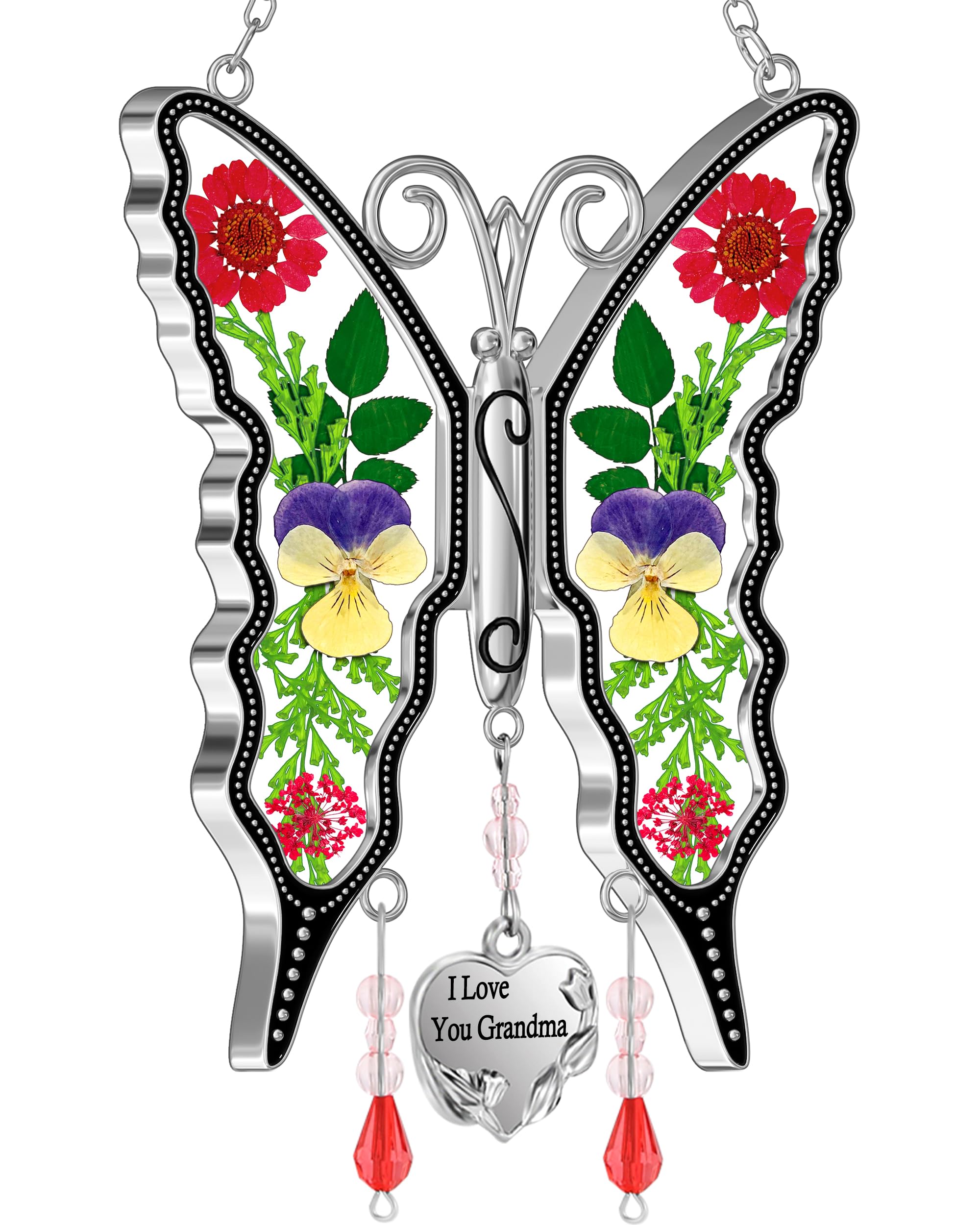 KY&BOSAM Gifts for Women I Love You Grandma Butterfly Suncatcher Stained Glass Suncatchers for Window Hanging Home Decor Garden Wind Chimes Birthday Gifts for Women Mothers Day Valentine's