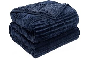 Pawque Sherpa Fleece Weighted Blanket Queen Size 60 x 80 Inches 15lbs for Adult, Fuzzy Weighted Throw with Ribbed Stripes, Dual Sided Cozy Plush Blanket with Premium Beads for Bed Sofa, Navy Blue